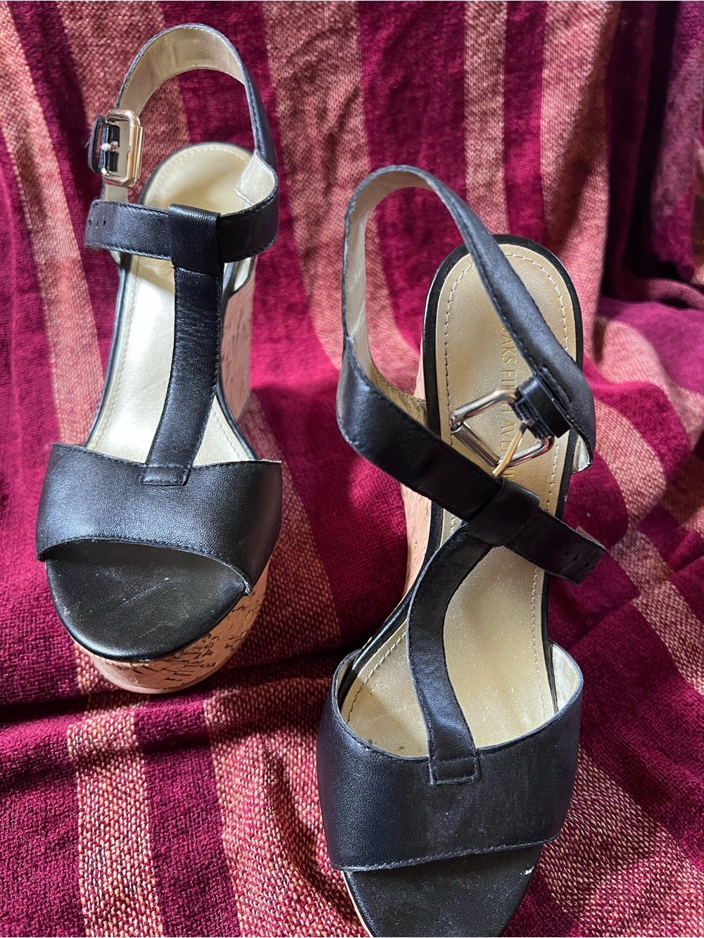 Saks Fifth Avenue Black T-Strap Cork Wedge Sandals